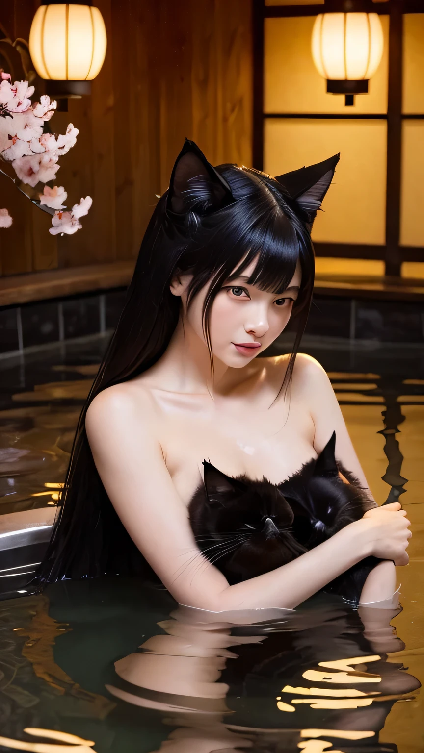 Create an ultra-realistic and enchanting depiction of a female Bakeneko, a Japanese yokai in the form of a supernatural cat-woman, taking a bath. She has glowing, captivating yellow eyes that reflect her playful nature. Her hair is long, black, and smooth, blending seamlessly into her dark, sleek fur. Her skin is pale with a ghostly sheen, adding to her otherworldly beauty. She has elongated, sharp claws and fangs, but her expression is relaxed and serene. Her posture is relaxed, with a split tail that moves fluidly in the water. She is partially submerged in a traditional Japanese wooden bath, with steam rising around her. The background features a serene Japanese bathhouse with soft lighting, wooden walls, and a window showing a tranquil garden with softly glowing lanterns and gently swaying cherry blossom trees. The atmosphere is tranquil and magical, enhancing the sense of relaxation and wonder.