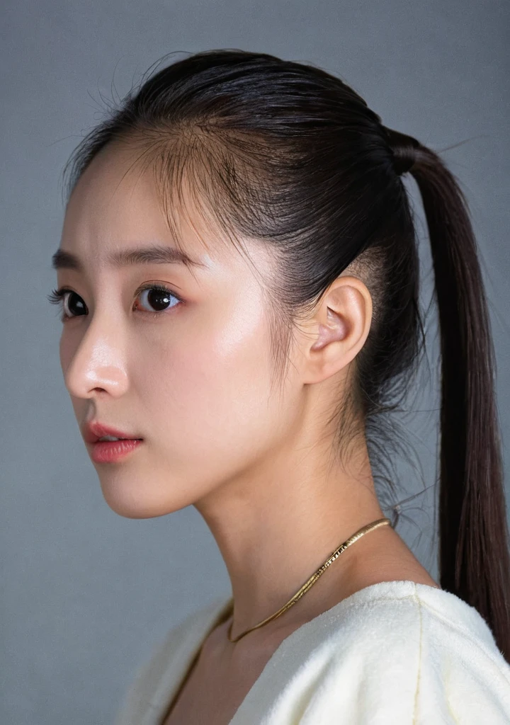 girl, 独奏, Mug shot, Cold expression, Lady, High nose, Swan neck, Long and large eyes, Larger mouth, Low Ponytail, Wide forehead, View from the side