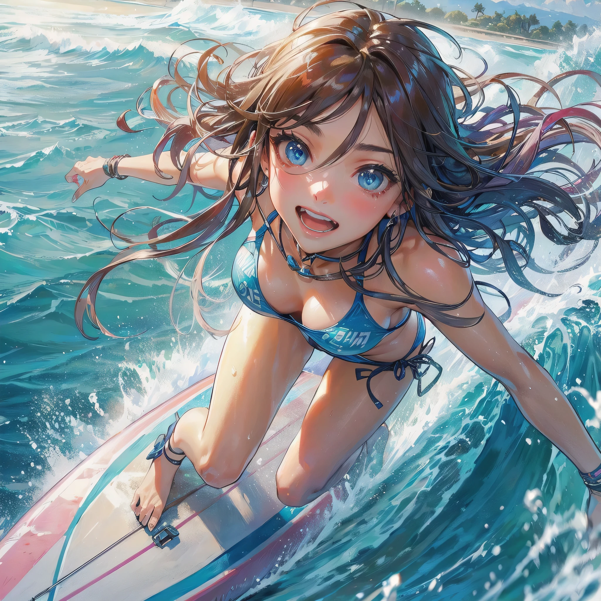 Highest quality, masterpiece,Ultra high definition,One Girl,Brown Hair,Long Hair,Female Surfer, Swimwear,Large Breasts,Beautiful legs,Sunburned skin,Surfing Venues,Ocean,Beautiful face in every detail,Beautiful Eyes,Detailed and realistic skin,Dynamic Angle