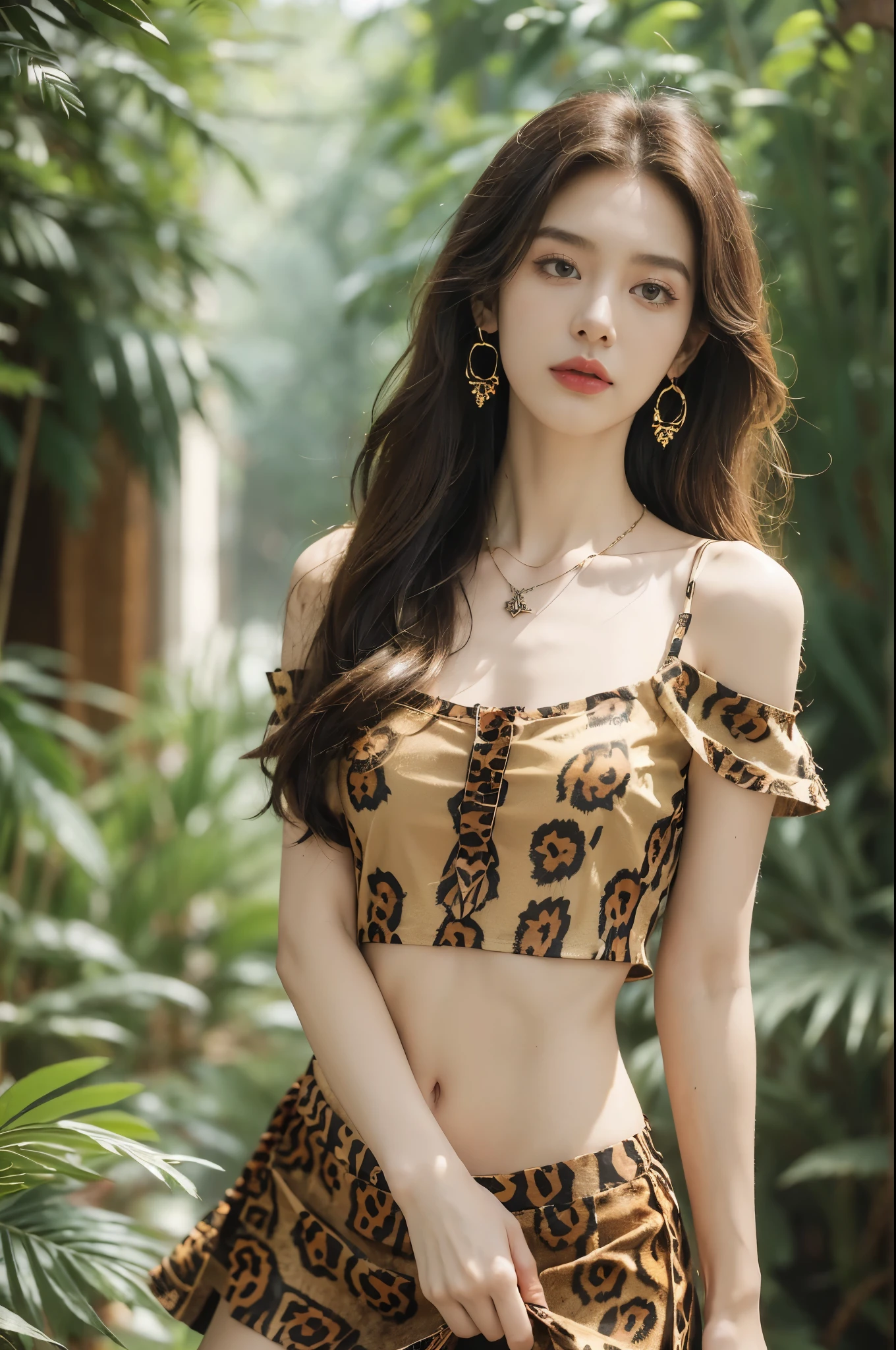(((best quality))),(((ultra detailed))),(((masterpiece))),illustration,((1 beautiful girl,solo)),(shoulder length messy hair:1.2),((Beast bone earrings and necklace)),((slim,thin)),((small breasts,flat chest)),(slender legs:1.2),fair complexion,(leopard print short-sleeved shirt and mini skirt:1.3),seductive,wild spirit,lush forest,primitive,tall trees,green canopy, sunlight filter,scent of earth,bird chirping,small creatures,secluded spot,captivating,enigmatic,raw energy,untamed spirit,morden day Eve,Garden of Eden,playful,adventurous,striking appearance,exotic setting,summertime,heat,humidity,vibrant colours,endless possibilities,exquisite detail,expansive wilderness,feminine allure,((from front,upper body))