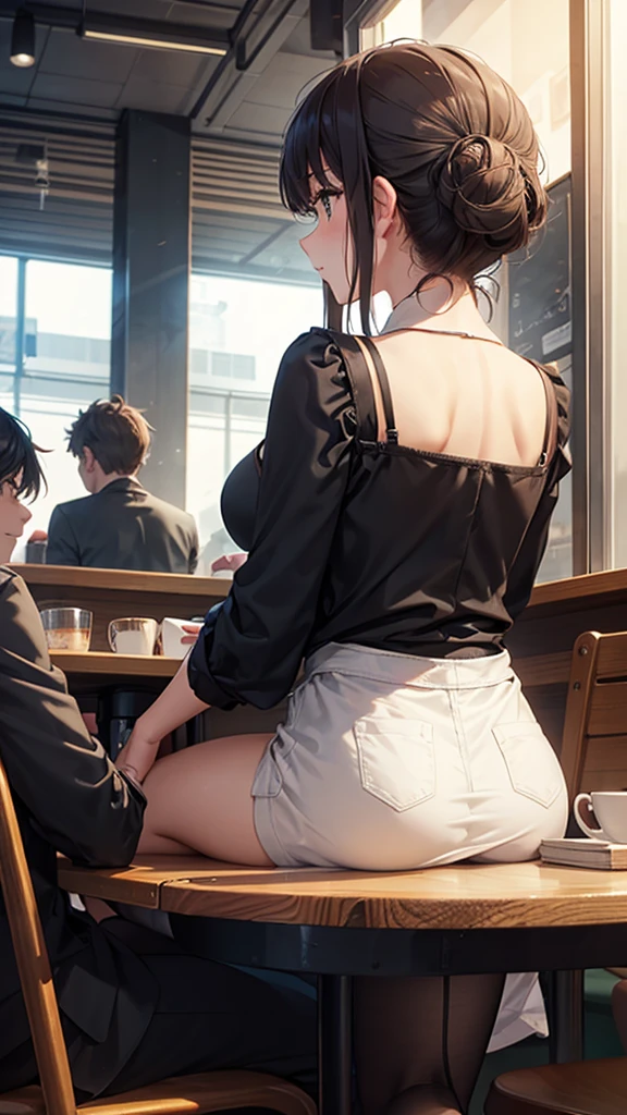 Write about the back view of a man and a woman sitting slightly apart from each other at the café counter.