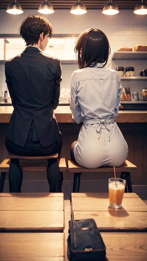 Write about the back view of a man and a woman sitting slightly apart from each other at the café counter.