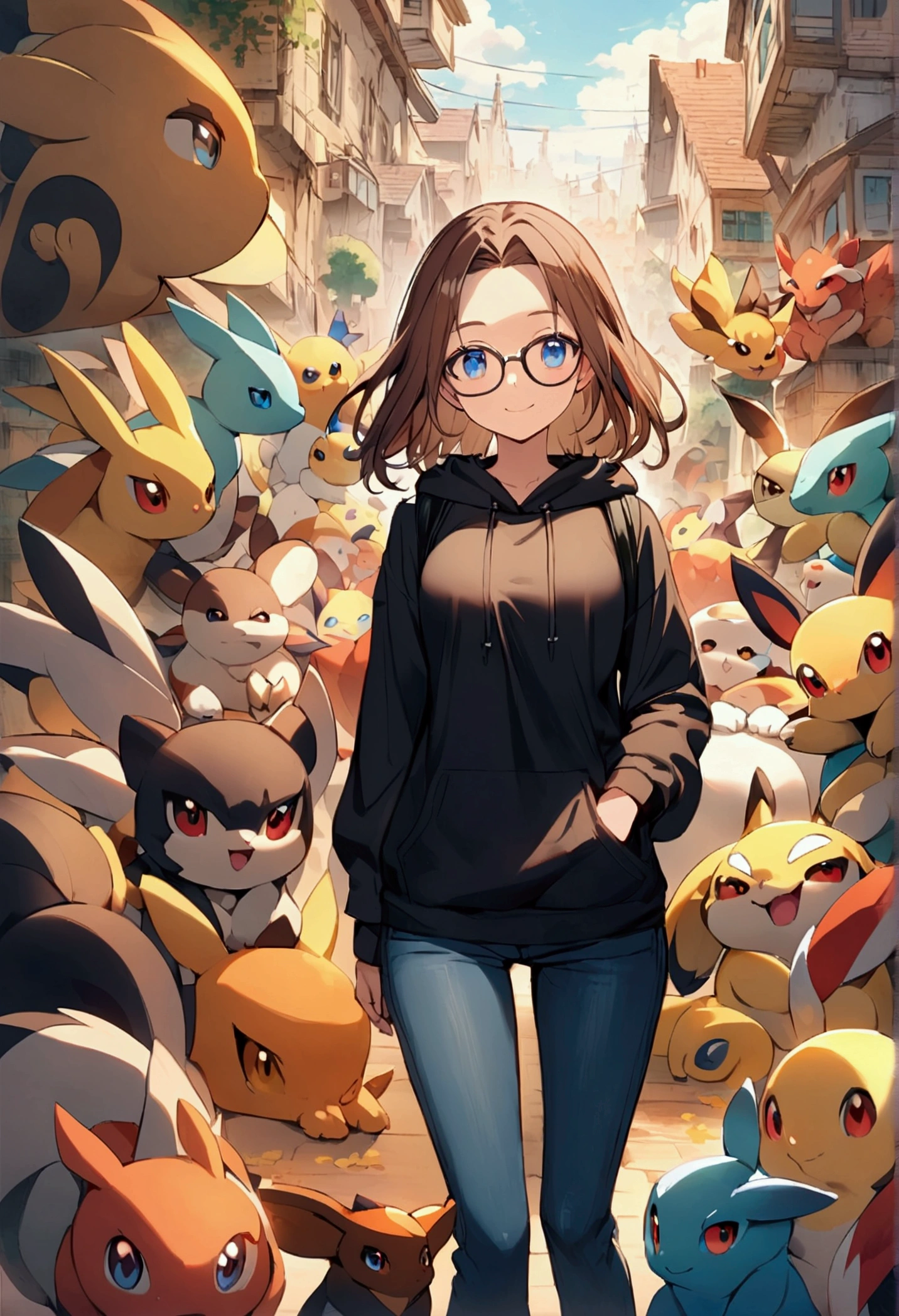 Alone, One person, Anime woman (shoulder length brown hair, blue eyes, black hoodie, jeans, dark framed glasses, clear forehead, smiling). Surrounded by lots of cute fantasy creatures like Pokemon.