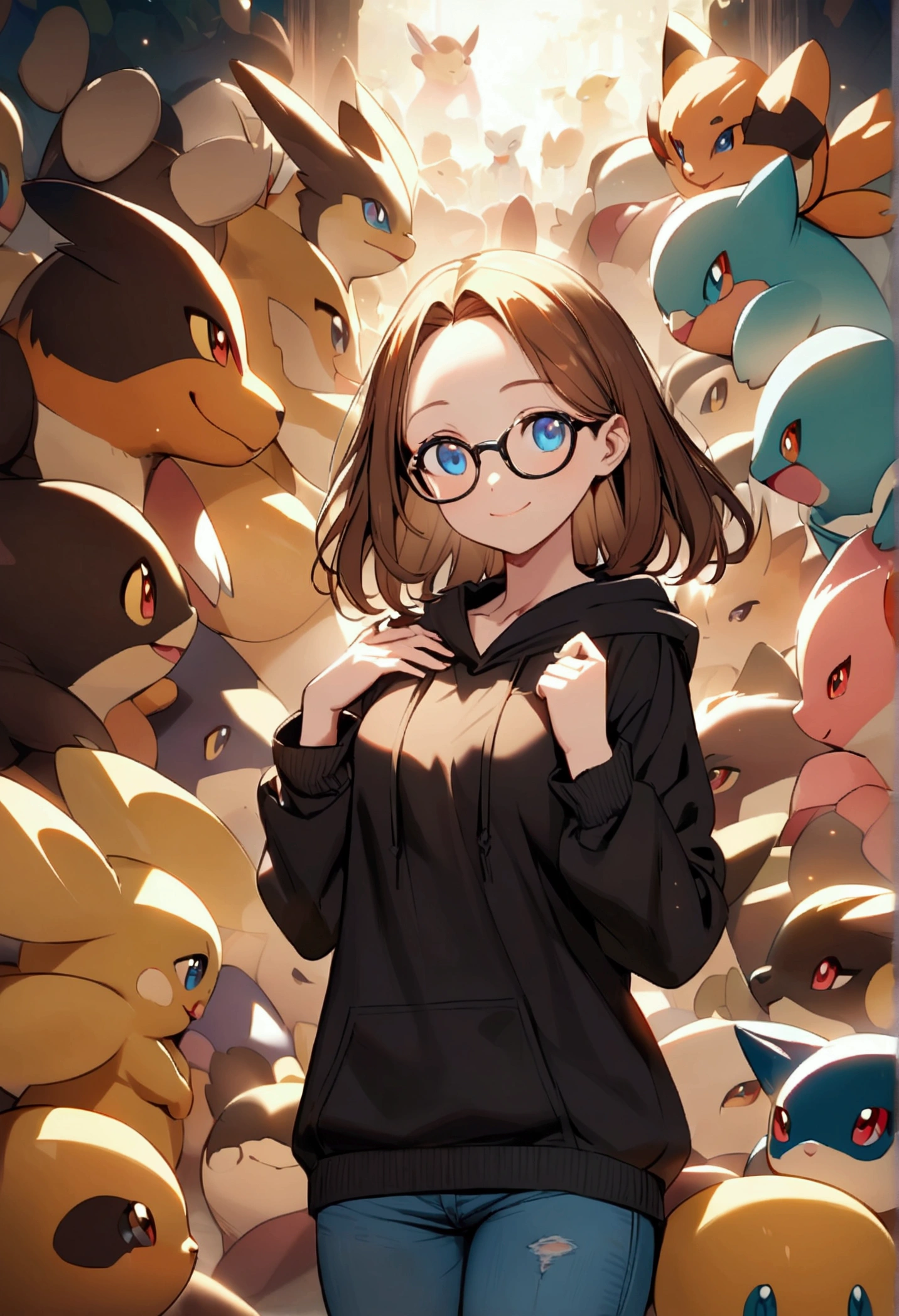 Alone, One person, Anime woman (shoulder length brown hair, blue eyes, black hoodie, jeans, dark framed glasses, clear forehead, smiling). Surrounded by lots of cute fantasy creatures like Pokemon.
