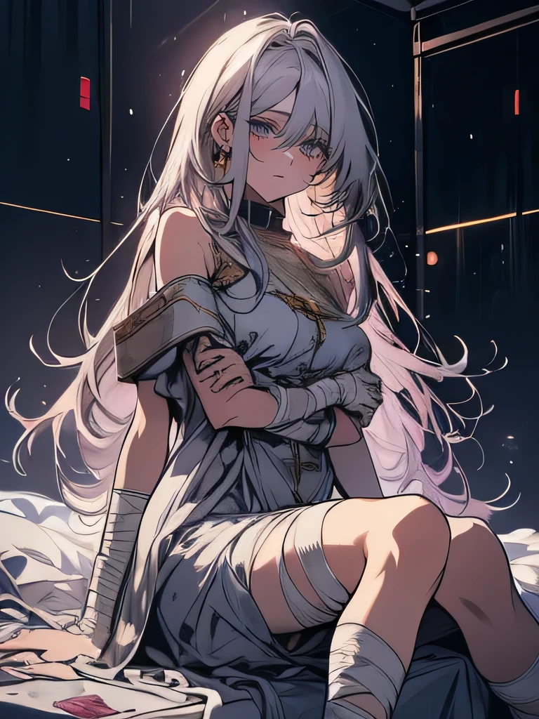 (Confused, High resolution, Very detailed), 1 female, Silver Hair, Long Hair, golden left eye, purple right eye, heterochromia, White patient gown, Appearance of the injury,24th generation, beauty, mature, thin, quiet, Calm, Sitting on a medical bed, Bandage on right arm, hospital, was injured, bandage, Pain々Shii, bandage on arms, bandages on legs