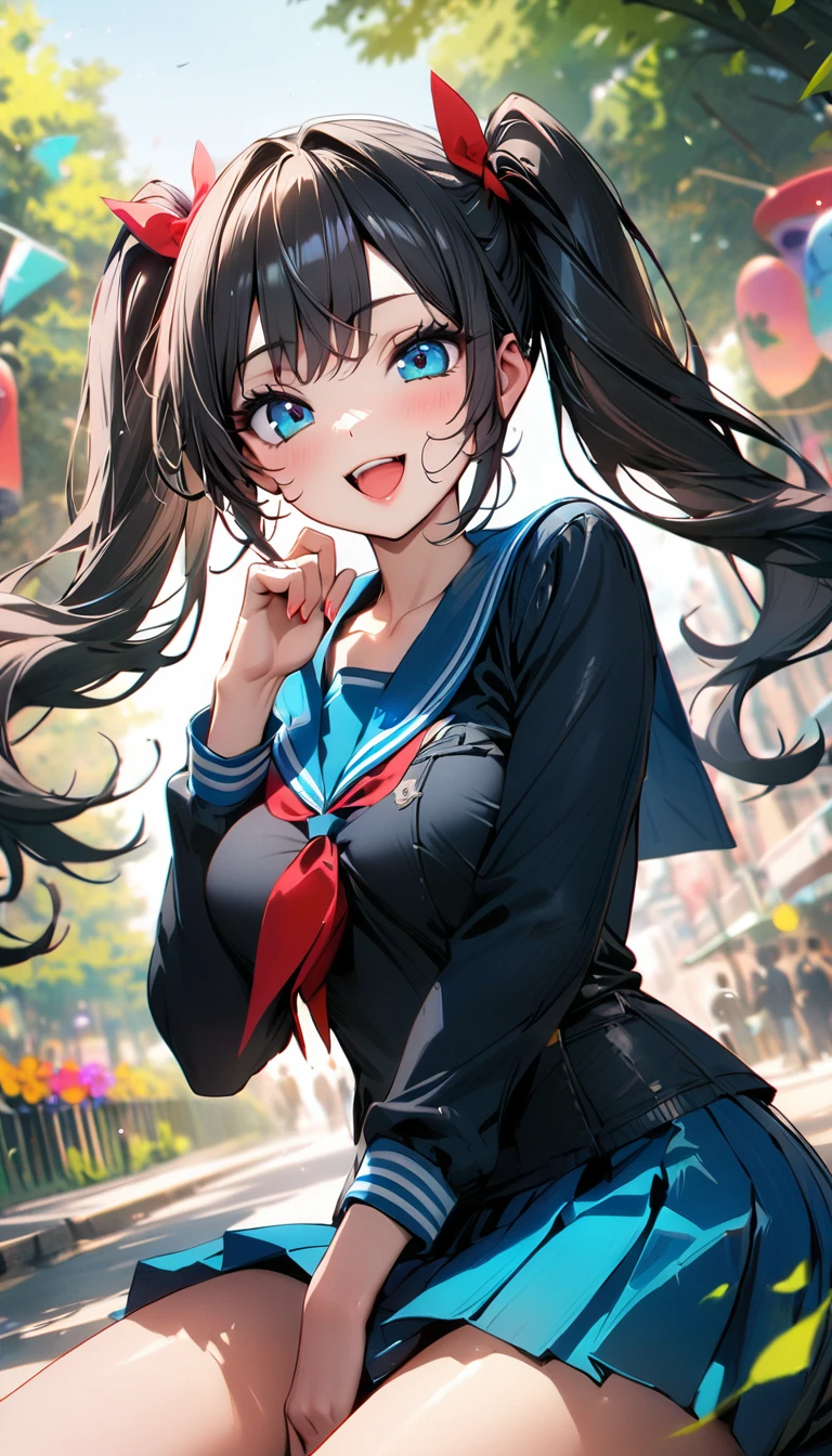 (Highest quality:1.2, 4K, 8k, Very detailed, Latest, Vibrant, Attention to detail, masterpiece:1.2, Highest quality, Best aesthetics), (((1 girl))), JK, Sailor suit, Pleated skirt, Open your mouth:1.2, Cute Smile:1.1, (Black Hair, Long twin tails), Dynamic Angle, Friendly atmosphere, Beautiful Hair, Shiny Hair, Beautiful Skin, Detailed face and eyes, Glossy Lips, Curvy Women, Sexy pose, Lush green park:1.2, Colorful flowers, Light and shadow with attention to detail, Background Blur.