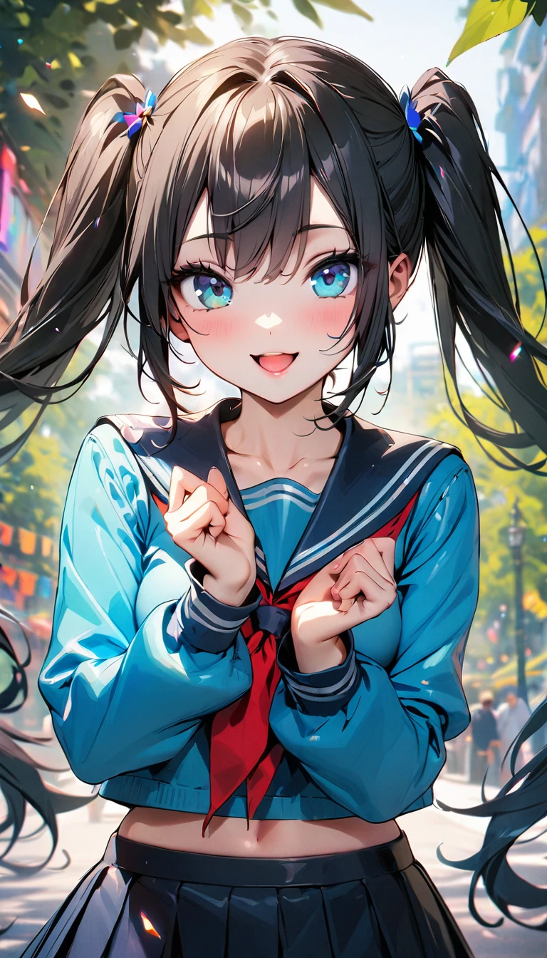 (Highest quality:1.2, 4K, 8k, Very detailed, Latest, Vibrant, Attention to detail, masterpiece:1.2, Highest quality, Best aesthetics), (((1 girl))), JK, Sailor suit, Pleated skirt, Open your mouth:1.2, Cute Smile:1.1, (Black Hair, Long twin tails), Dynamic Angle, Friendly atmosphere, Beautiful Hair, Shiny Hair, Beautiful Skin, Detailed face and eyes, Glossy Lips, Curvy Women, Sexy pose, Lush green park:1.2, Colorful flowers, Light and shadow with attention to detail, Background Blur.