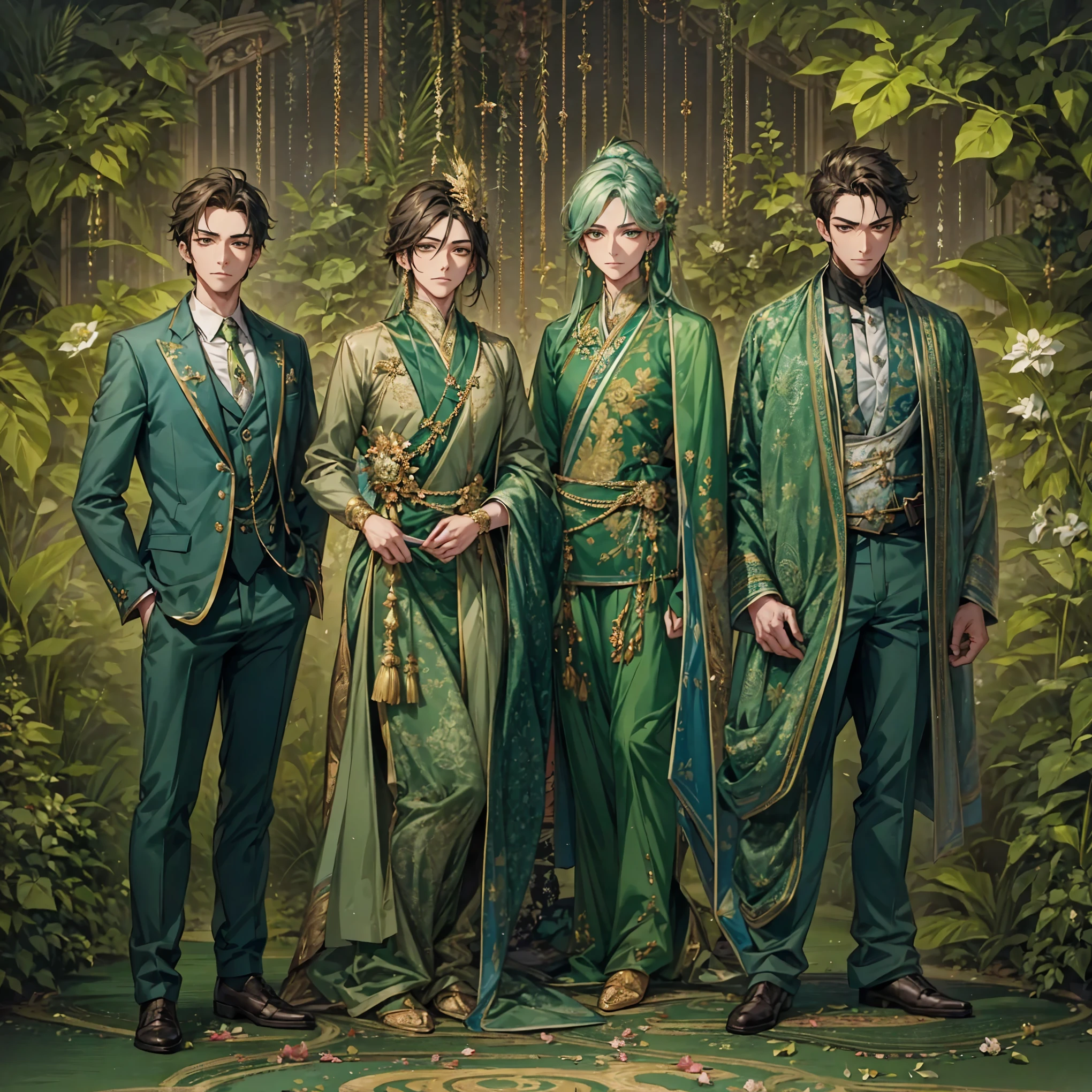 Create an image divided into four sections with a green theme: a lively Campaigner male, a serene Mediator female, a confident Protagonist male, and a wise Advocate male, each in distinctive poses against a unified backdrop with shades of green, incorporating delicate and mystical elements to enhance the overall visual appeal.Make the background mysterious and flashy.