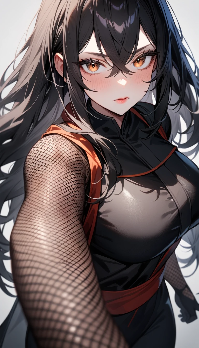 1girl,solo,super detailed skin,shiny skin,gleaming skin,detailed face,expressionless,black hair,long hair,crossed bangs,deep detailed eyes,eyelashes,lips gloss,large breasts,body suit,Shinobi clothes,fishnet arms,standing ,dark magic,simple background ,reaching one arm towards viewer,masterpiece,best quality,ultra detailed,high resolution,sharp focus