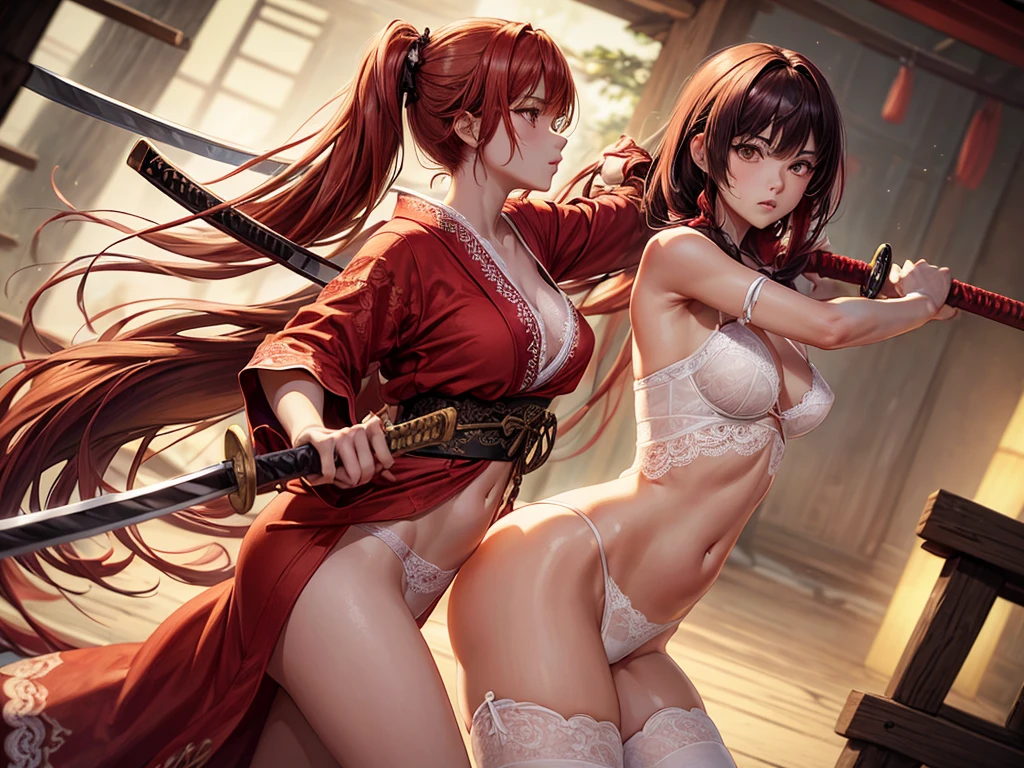 ((depic young girll)), (((top-quality, masterpiece))), 4k, HD, one girl, long hair, (((red hair))), (((hair on eyes))), straight hair, ((poney tail)), nice hips, Masterpiece, Excellent, complex details, delicate girl, delicate face, sassy, confident, white ribbons, (((cute white lace lingerie))), (((sofisticate red lace lingerie))), big breasts, brown eyes, clavicle, bare arms, bandage on arms, flat belly, (red kimono), standing, (((graceful fighting move))), ((holding katana sword in hand)), Japanese garden, atmosphere of feudal Japan