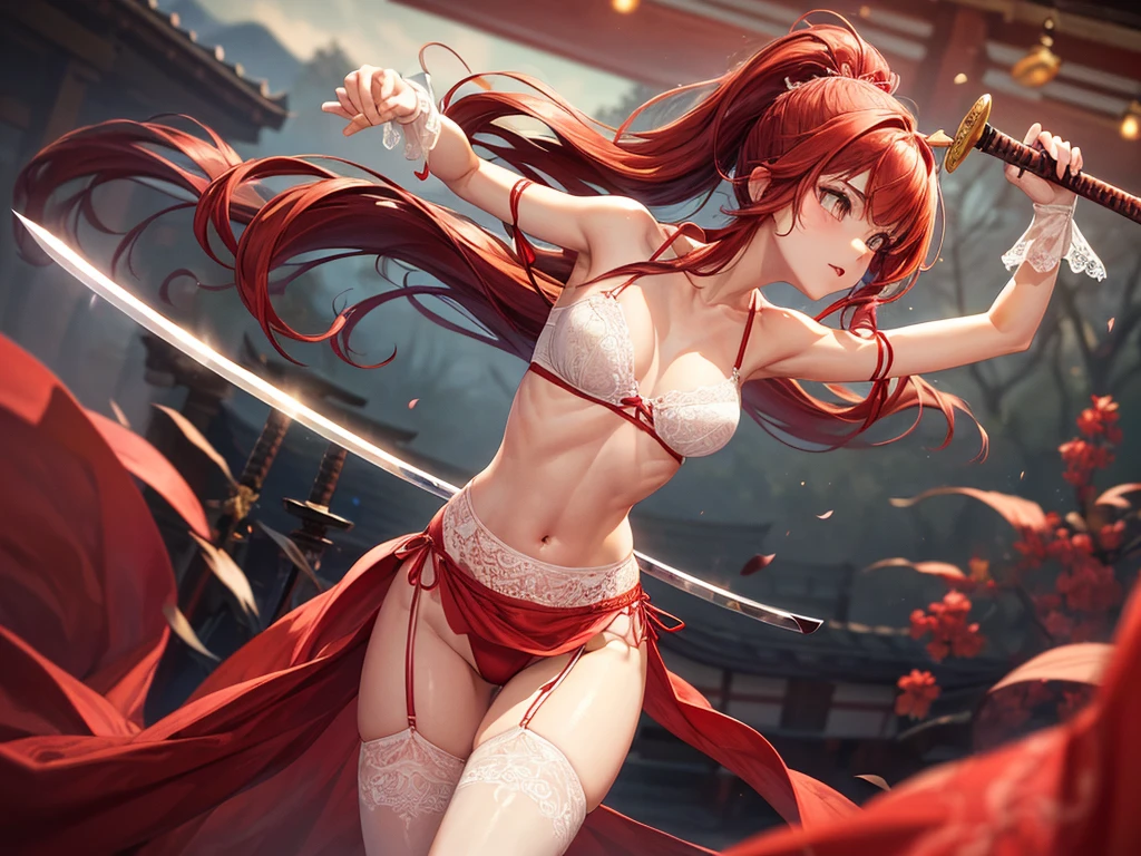 ((depic young girll)), (((top-quality, masterpiece))), 4k, HD, one girl, long hair, red hair, straight hair, ((poney tail)), nice hips, Masterpiece, Excellent, complex details, delicate girl, delicate face, sassy, confident, white ribbons, (((cute white lace lingerie))), (((sofisticate red lace lingerie))), big breasts, brown eyes, clavicle, bare arms, bandage on arms, flat belly, (red kimono), standing, (((graceful fighting move))), ((holding katana sword in hand)), Japanese garden, atmosphere of feudal Japan