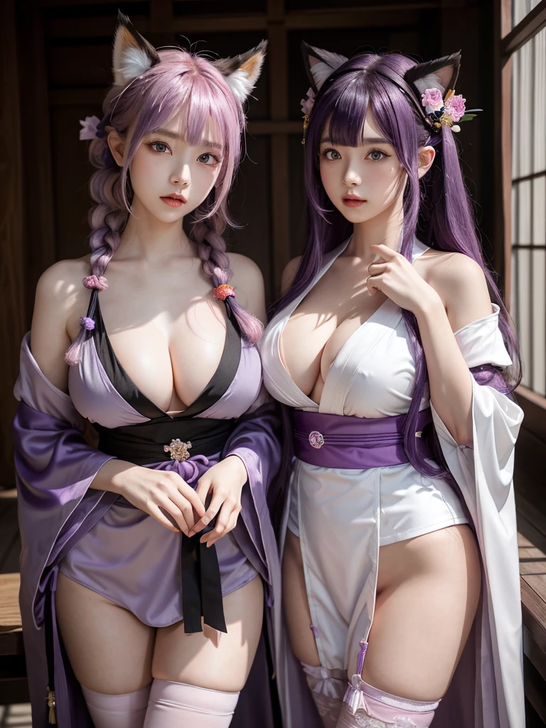 masterpiece, best quality,multiple girls, breasts, 2girls, s,yae miko, raiden shogun, purple eyes, pink hair, japanese clothes, purple hair, large breasts, long hair, cleavage, hair ornament, thighs, purple kimono, thighhighs, bangs, animal ears, detached sleeves, fox ears, wide sleeves, kimono, moon,, braid