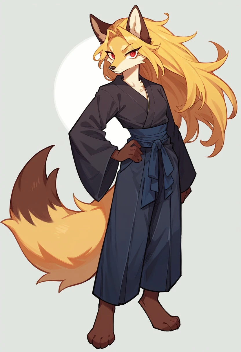 (full body,,The left hand is on the hip),((The right hand is out in front,Nine-tailed tail,)),small breasts,Adult female fox, Furry, Golden fur, Golden facial fur, long golden hair, The hair on his hands is golden, Golden yellow hair on the back of the hand, Light-filled eyes, Red eyes, Brown elements of fur,(Dark blue kimono,Dark blue hakama),Very fine fur, Fluffy tail,
