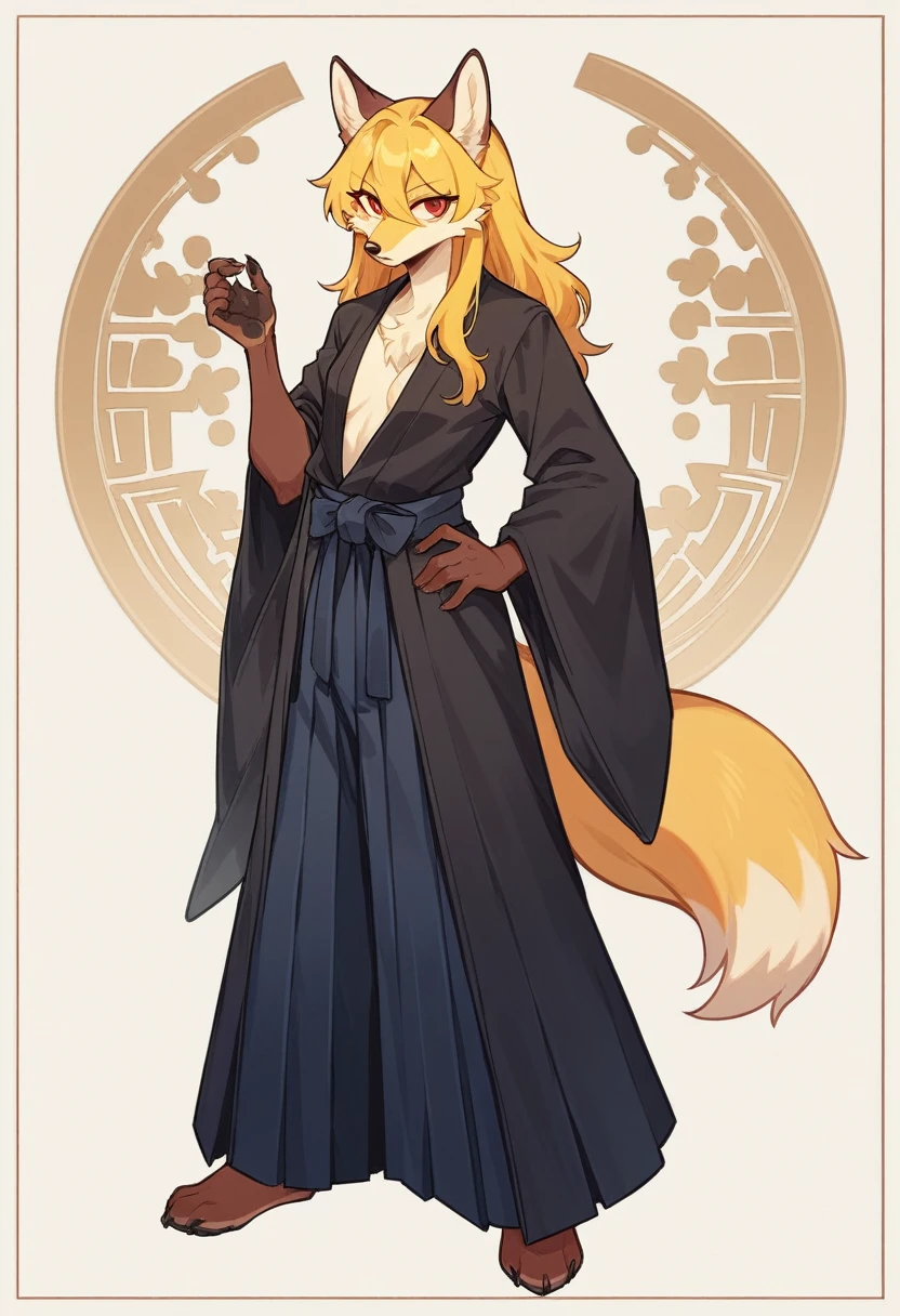 (full body,,The left hand is on the hip),((The right hand is out in front)),small breasts,Adult female fox, Furry, Golden fur, Golden facial fur, long golden hair, The hair on his hands is golden, Golden yellow hair on the back of the hand, Light-filled eyes, Red eyes, Brown elements of fur,Plain black kimono,Dark blue hakama,Very fine fur,