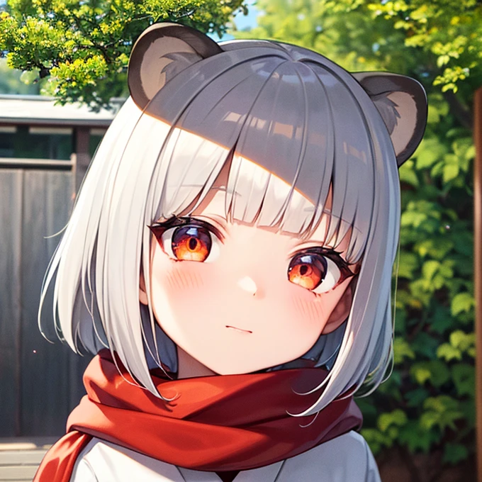Light grey bob hair,White skin,Even bangs,A girl with raccoon ears on her head,Green Salopette,A small, black, round nose,A red scarf with white flowers,Big gray eyes,Japanese countryside