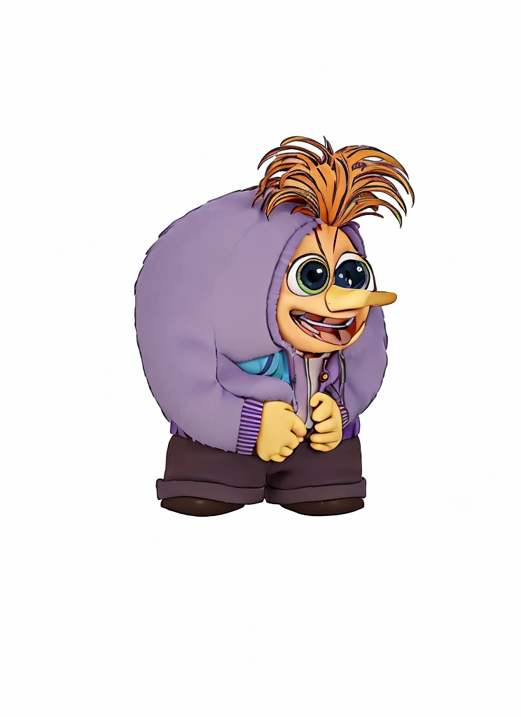 yellow skin, purple furry jacket, orange hair, holding a YAY! flag, brown pants, pixar inside out character