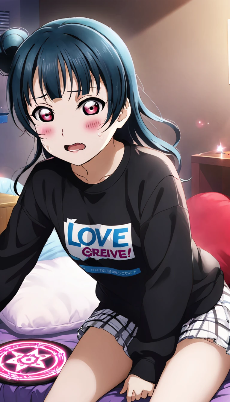 Create an illustration of Yoshiko Tsushima from "Love Live! Sunshine!!". She has long blue hair and red eyes. She's wearing a black sweatshirt, sitting on her bed in a dimly lit room with a fan, and crying intensely，One girl, Highest quality, far and near method, tears, Are crying, Anxious,Dark Room、Magic circle poster、Devil Plush