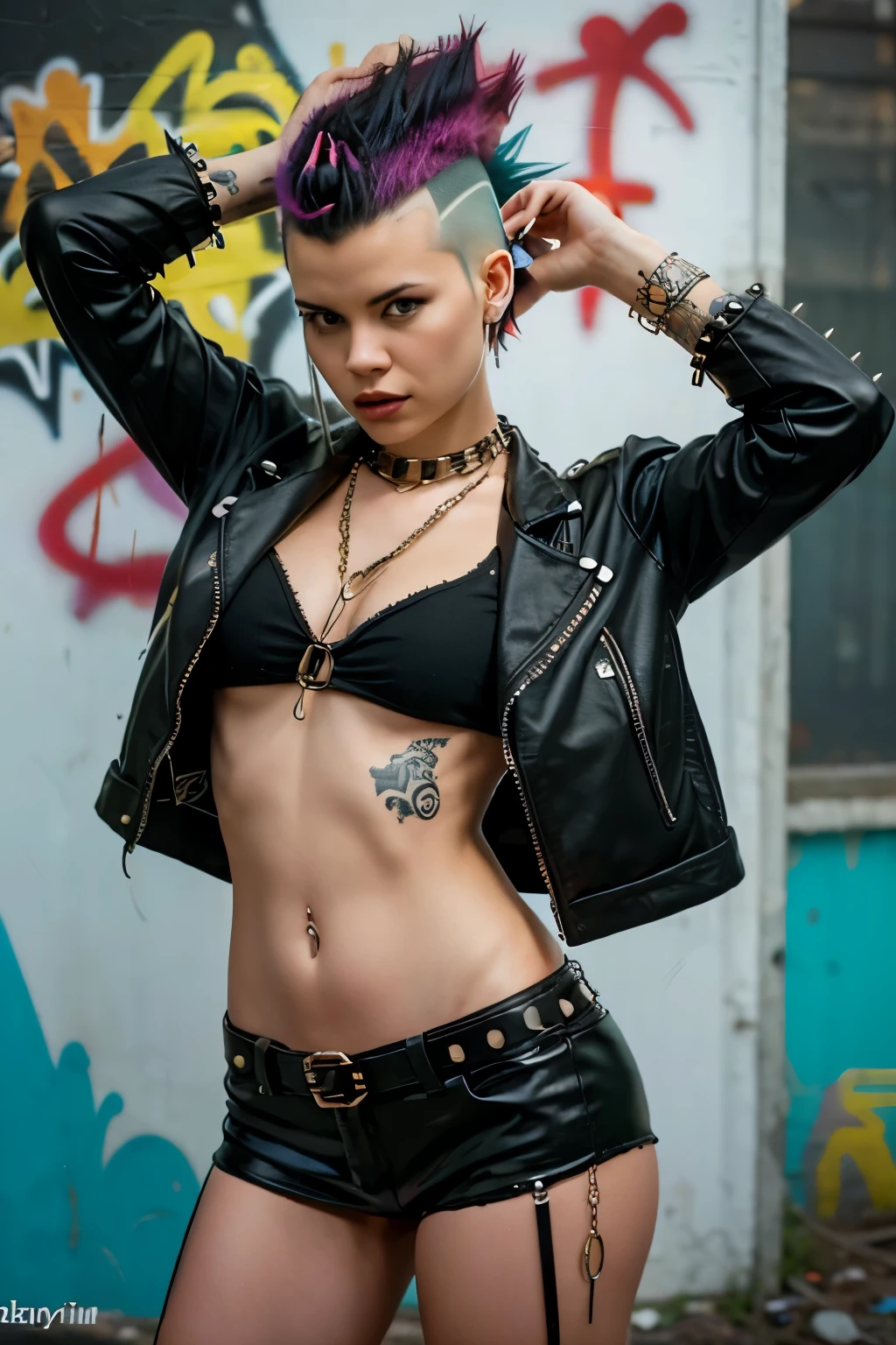 (Artwork, best quality:1.2), 1 girl ,intrincately detailed, "Punk Girl", in dynamic pose, ((spiky mohawk hair, punk hair, wearing a black jacket, chains, Rocket style, tatuados , hot body, abdomen)) . Shallow depth of field, vignette, highy detailed, high budget, bokeh, cinemascope, temperamental, epic, marvelous, film grain, grainy. ((Abandoned Graffiti Wall Background)).