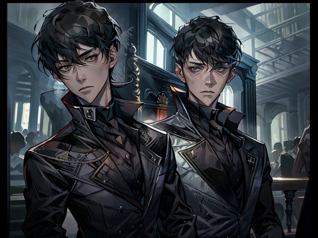 a young man in a black suit and tie, taken in the early 2020s, gotham, alejandro, she looks very graceful, short black hair combed to the left side, red eye, pale skin, grin, 30 years, Black suit and black tie, masterpiece, dynamic posture, one person, eye bags