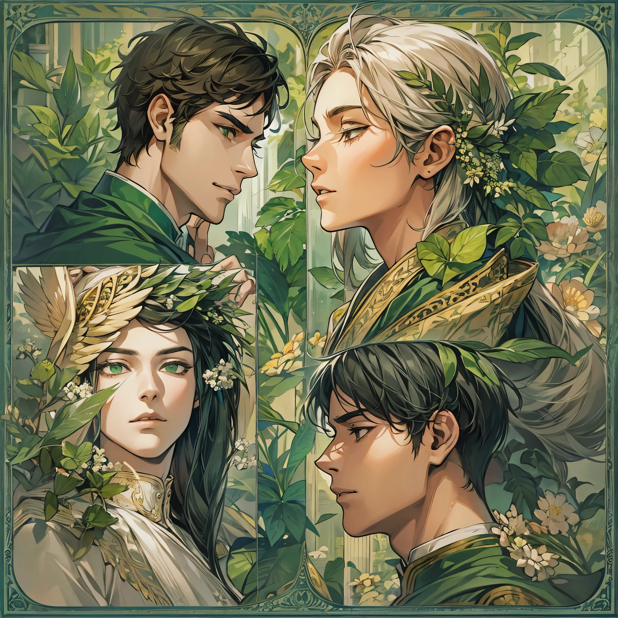 Create an image divided into four sections with a green theme: a lively Campaigner male, a serene Mediator female, a confident Protagonist male, and a wise Advocate male, each in distinctive poses against a unified backdrop with shades of green, incorporating delicate and mystical elements to enhance the overall visual appeal.