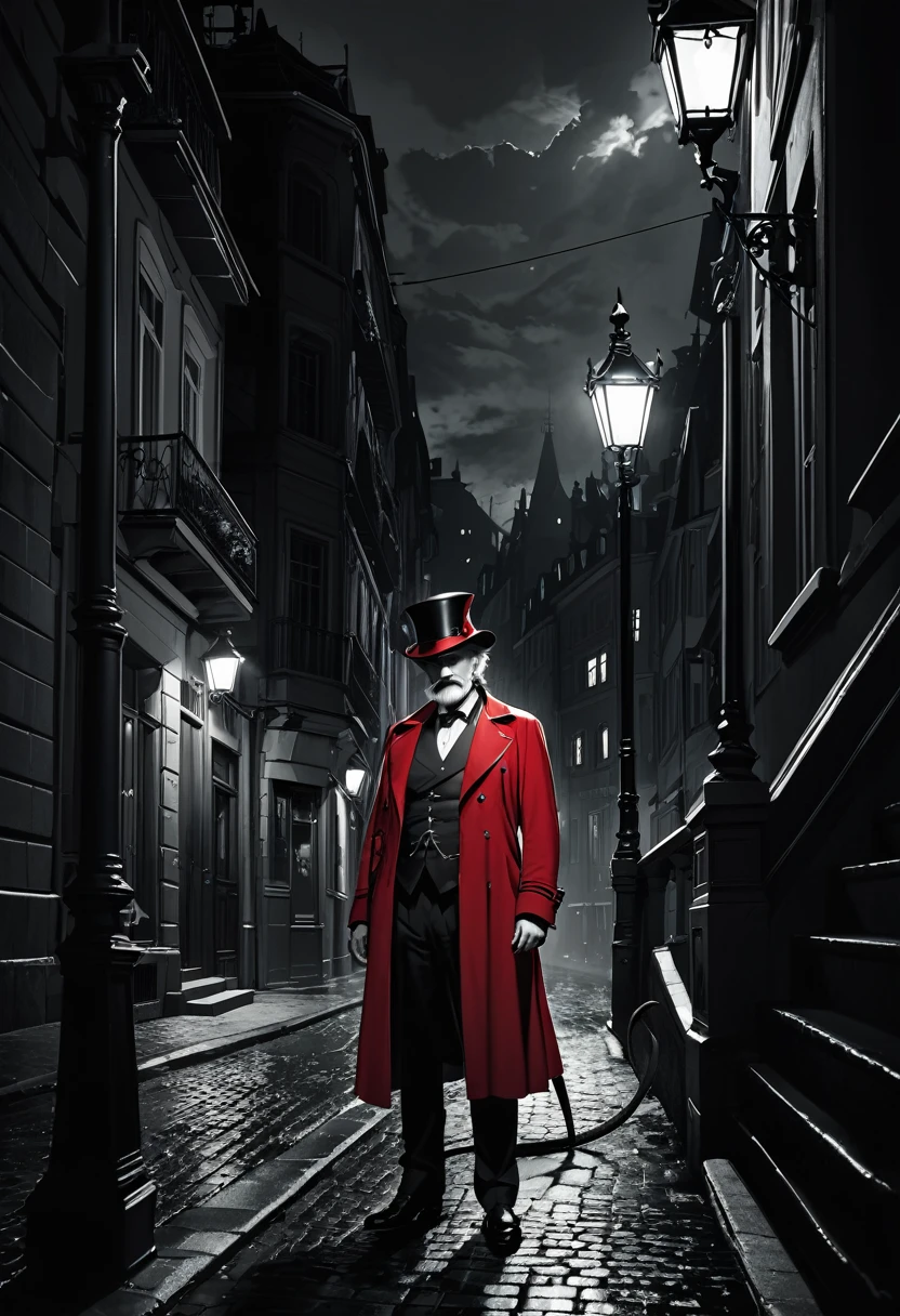 (masterpiece, best quality,ultra highres),male old Devil,silver hair,Devil in a red bowler hat,Mustache,Red mantle,Lizard-like gray tail,Devil Deceiver,europe at night,He is illuminated by the streetlight,monochrome with Splash Color,eerie atmosphere,
absurdres, highres, extra detailed,