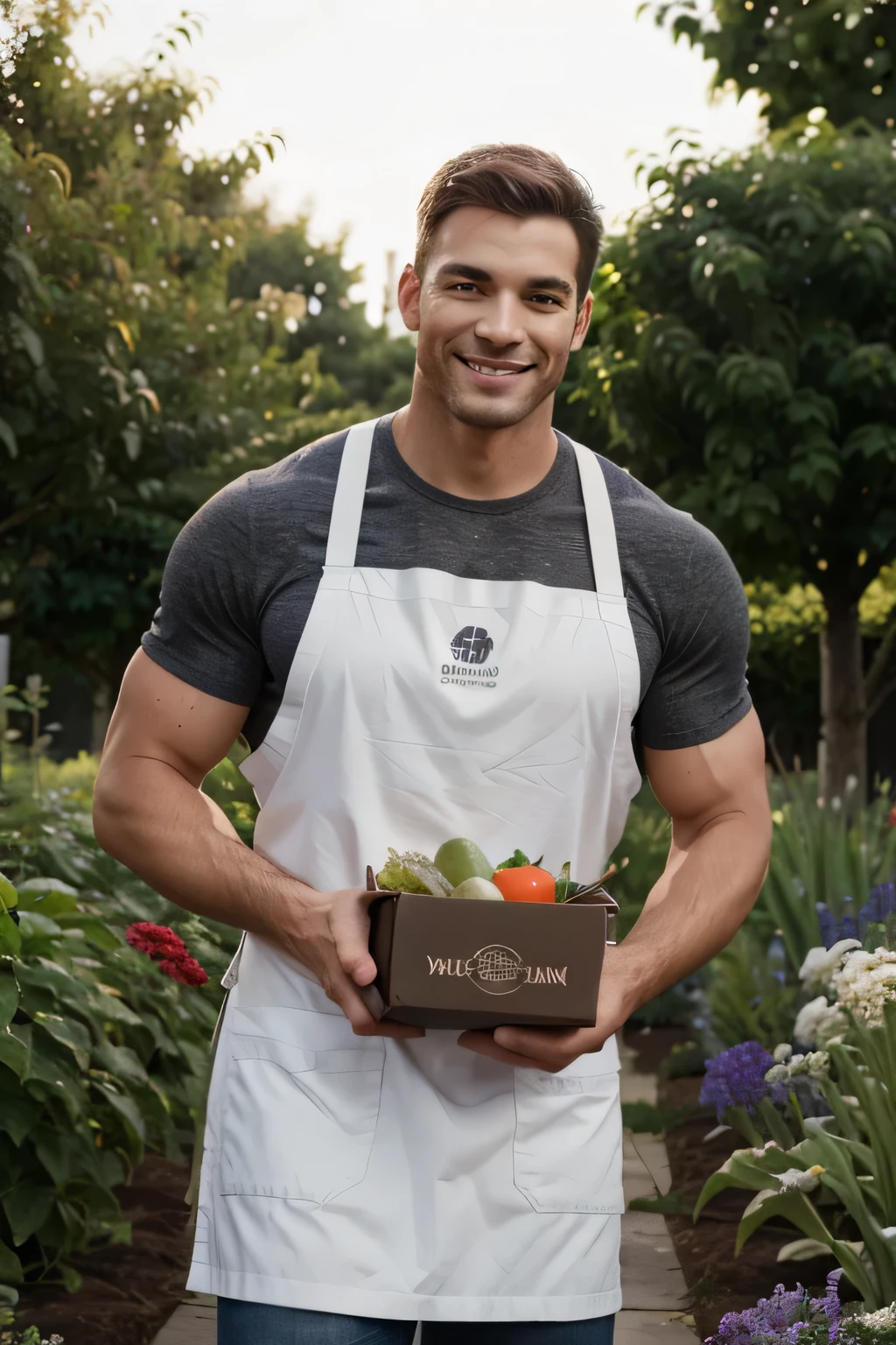 Smiling muscular man in apron holding a box of vegetables,thumb up, advertisement picture, advertising photograph, wearing apron, promo image, personal profile picture, gardening, farmer, promo art, Home and garden, Handsome man, attractive and good looking, professional picture, Attractive man, professional profile picture, high quality portrait, very professional, As well as handymen, splash on his clothes