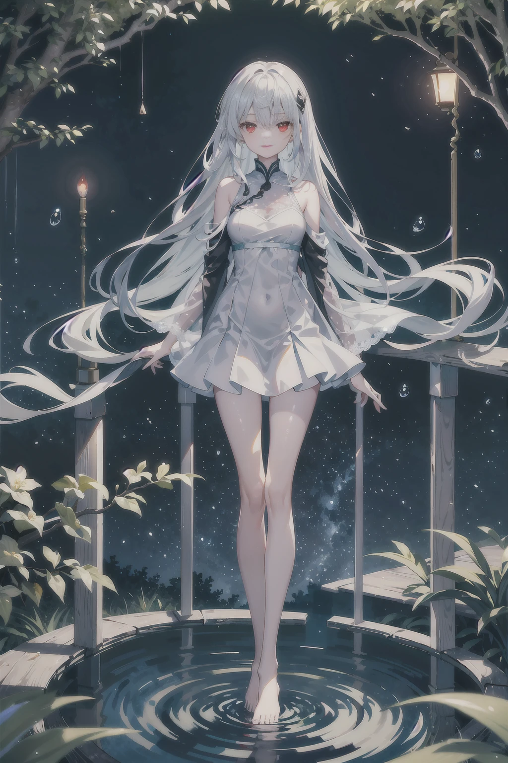 Dreamy and beautiful moonlight in the dark forest。View of a from above。(wet silver hair and red eyes)。smile slightly。She wore only a long transparent white cloth with beautiful lace trim。Soak the cloth in water。(splashing in the dark forest lake at night)。(Hair or clothes are wet)。splash。Wet strands of hair。dripping water drops。Fantastic fireflies floating in the air、Light also reflects from water。near method and far method。glitter effects。Dynamic composition with depth。extremely high quality、High level of image quality、extremely delicate。Rare workmanship,round,Room, firm breasts),barefoot,float,water surface,(long legs,long legs,long legs,Gestalt),full-body shot。standing posture