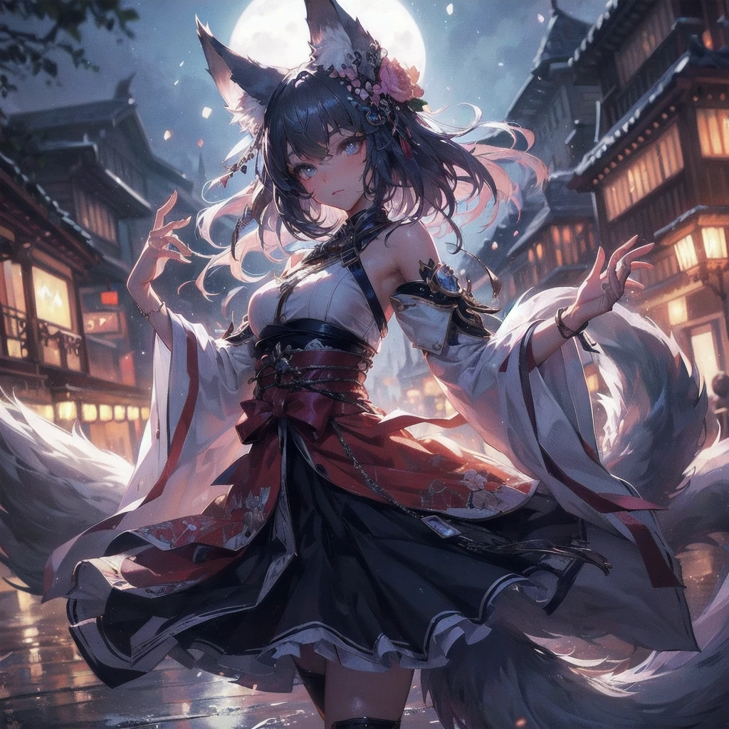  masterpiece, (textured skin), best quality, gorgeous beautiful, (a beautiful girl,wolf ears,wolf tail),detailed clothes,large breasts,narrow waist,, (beautiful face), cinematic lighting, (fantasy anime art ),