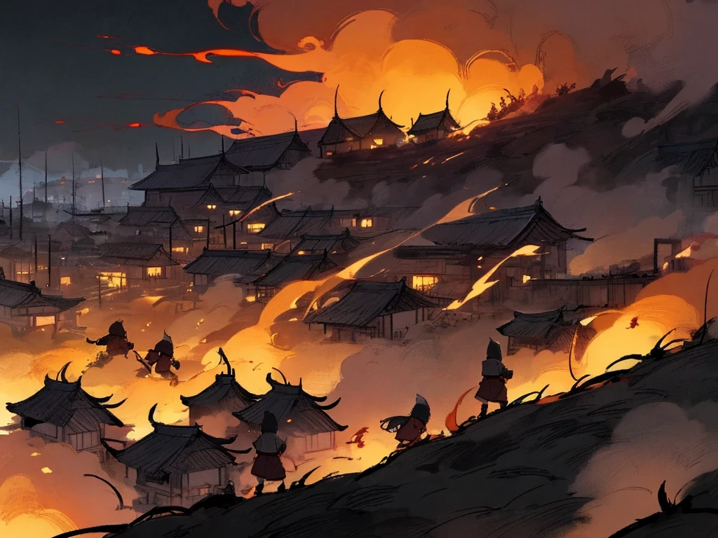 A lot of samurais standing, war, burning village background, night