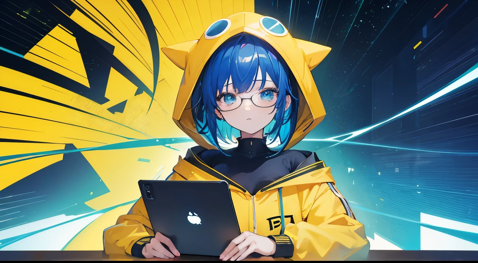 geeky smart anime cute girl talking wearing a yellow hoodie.he is sitting behind a laptop and microphone,looking left to camera,left centered character portrait,character in middle,cool background with red,green and blue lights,square big screen showing anime wallpapers on right side