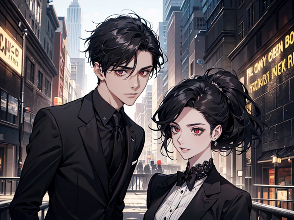 a young man in a black suit and tie, taken in the early 2020s, gotham, alejandro, she looks very graceful, short black hair combed to the left side, red eye, pale skin, grin, 30 years, Black suit and black tie, masterpiece, dynamic posture, one person, eye bags