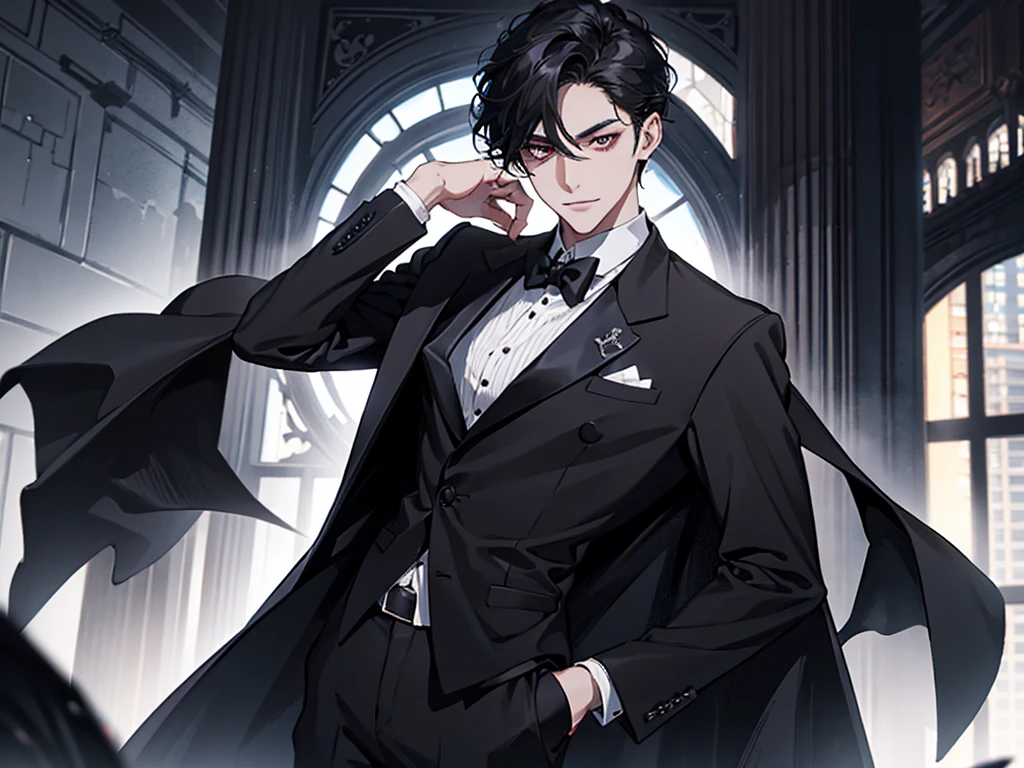 a young man in a black suit and tie, taken in the early 2020s, gotham, alejandro, she looks very graceful, short black hair combed to the left side, red eye, pale skin, grin, 30 years, Black suit and black tie, masterpiece, dynamic posture, one person, eye bags