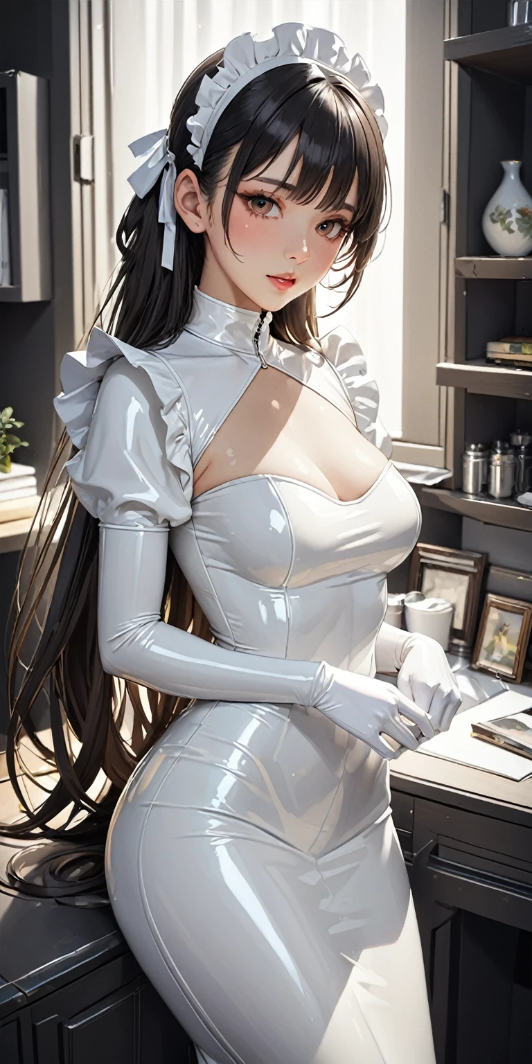 Portraiture、(masterpiece,Highest quality,Ultra-high resolution),Japanese women, (((Very beautiful 25 year old girl))),(White latex maid outfit)、((White latex long skirt))、(A long-sleeved latex shirt that covers the upper body)、White latex gloves、White latex socks、White Latex Bodysuit、Frills、The clothes fit snugly to the body、Latex is very shiny、Dark Room、