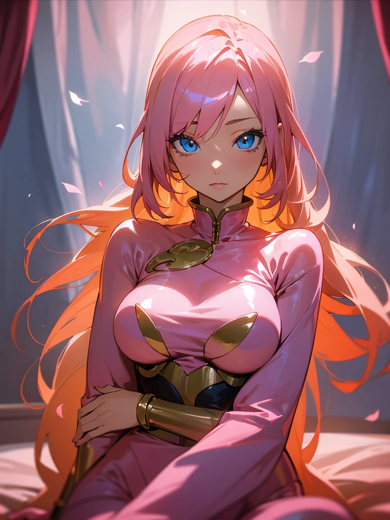 An anime lady, Face pretty, pink shiny hair, blue bright eyes, wearing a honey-colored jumpsuit, (with black bands), sensuous, but not too sexy, half-body shot, In a cozy room, (cozy decorations), warm sunlight, Rose petals everywhere, (ethereal, soft, cozy vibes)