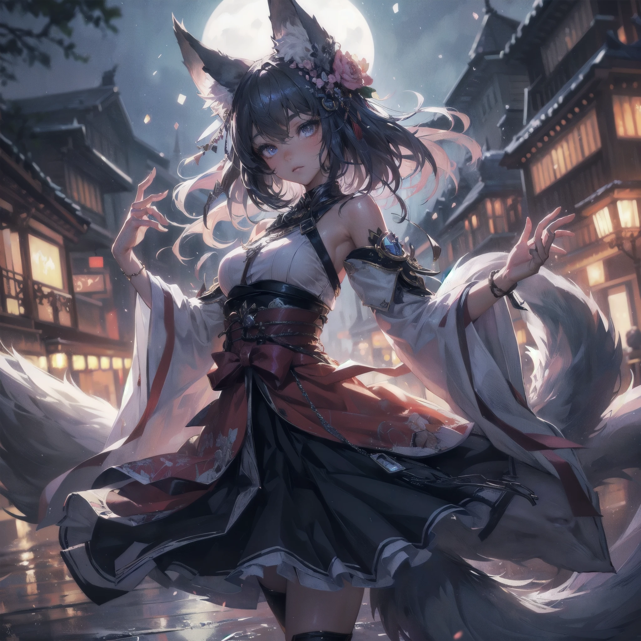 masterpiece, (textured skin), best quality, gorgeous beautiful, (a beautiful girl,wolf ears,wolf tail),detailed clothes,large breasts,narrow waist,, (beautiful face), cinematic lighting, (fantasy anime art ),
