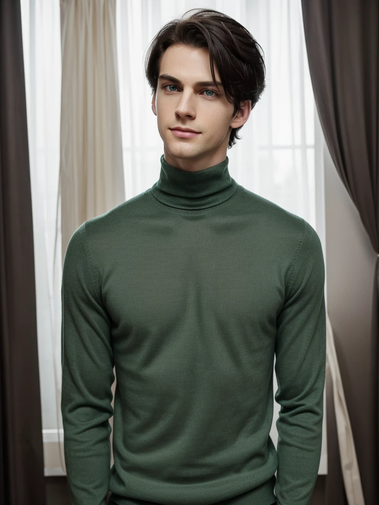 (best quality), 1boy, pale skin, black hair, medium hair, curtain hair, tousled hair, green eyes, perfect eyes, dark circles under eyes, tall, slender, handsome, strong jawline, lazy, light smile, attractive, turtleneck sweater, masterpiece, anatomically correct, highres
