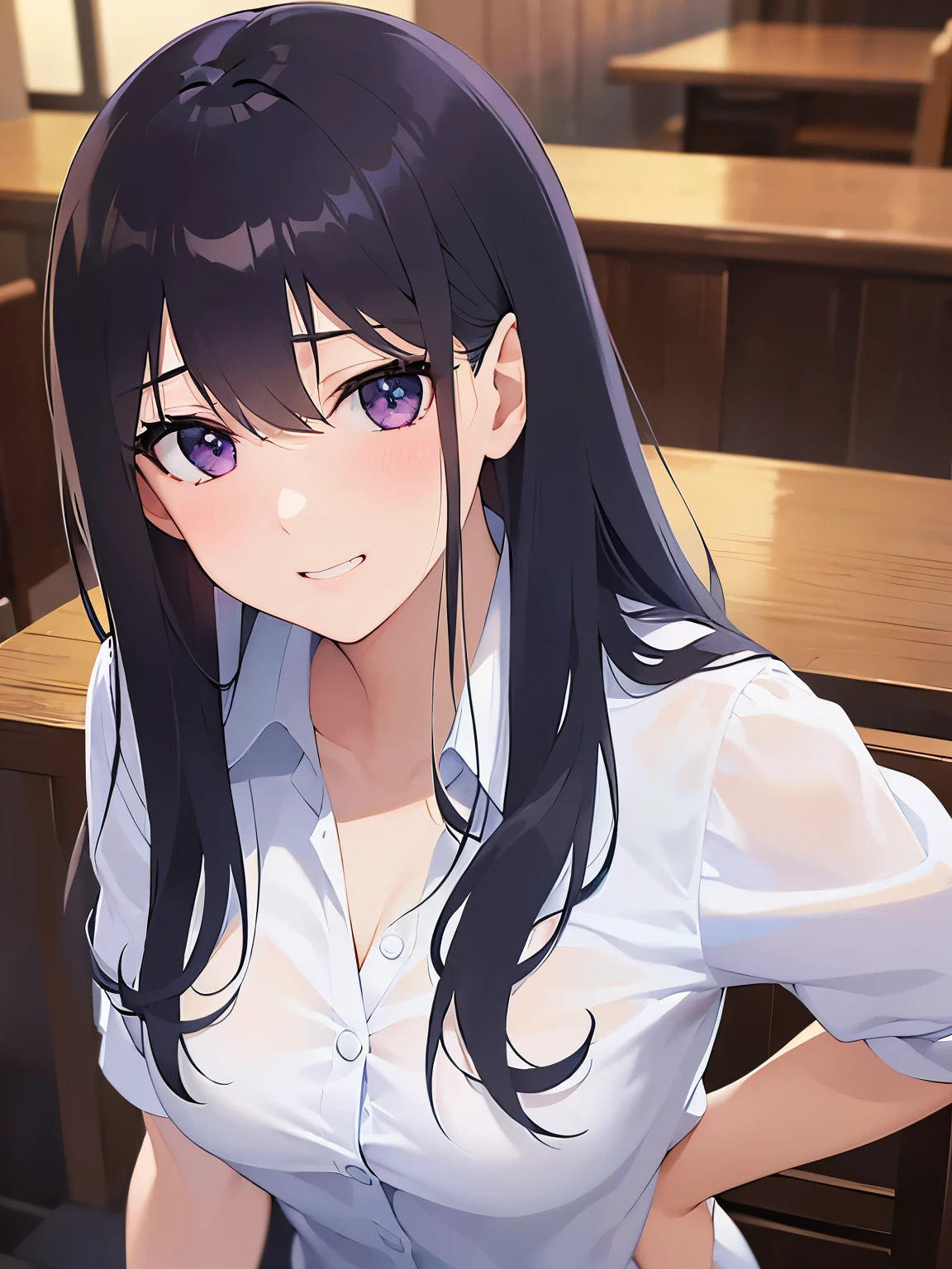 Shooting from above、hands on own face, looking up, Upper Body, Realistic, real person, (pale skin: 1.2), RAW photo, photorealistic, shiny skin, shiny hair、(A 25-year-old woman with straight hair and bangs) and (medium hair) and (black hair) and (purple eyes) , (white collared shirt)、(embarrassed:1.4), smile, The background is the interior of a restaurant at night.、Alone、Are standing