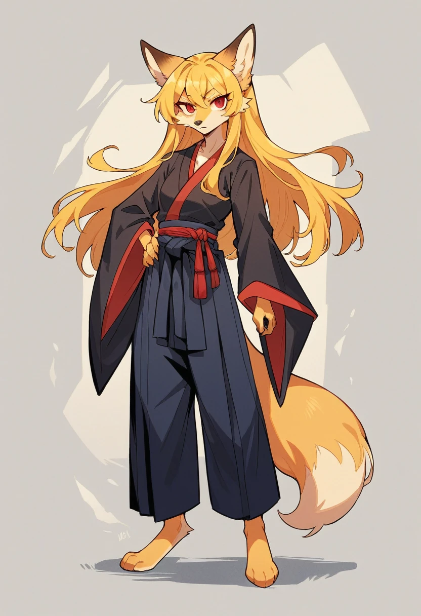 (full body,,The left hand is on the hip),((The right hand is out in front)),small breasts,Adult female fox, Furry, Golden fur, Golden facial fur, long golden hair, The hair on his hands is golden, Golden yellow hair on the back of the hand, Light-filled eyes, Red eyes, Brown elements of fur,Plain black kimono,Dark blue hakama,Very fine fur, 