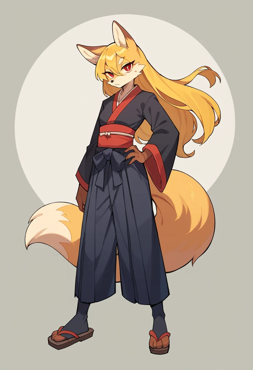 (full body,,The left hand is on the hip),((The right hand is out in front)),small breasts,Adult female fox, Furry, Golden fur, Golden facial fur, long golden hair, The hair on his hands is golden, Golden yellow hair on the back of the hand, Light-filled eyes, Red eyes, Brown elements of fur,Plain black kimono,Dark blue hakama,Very fine fur, 