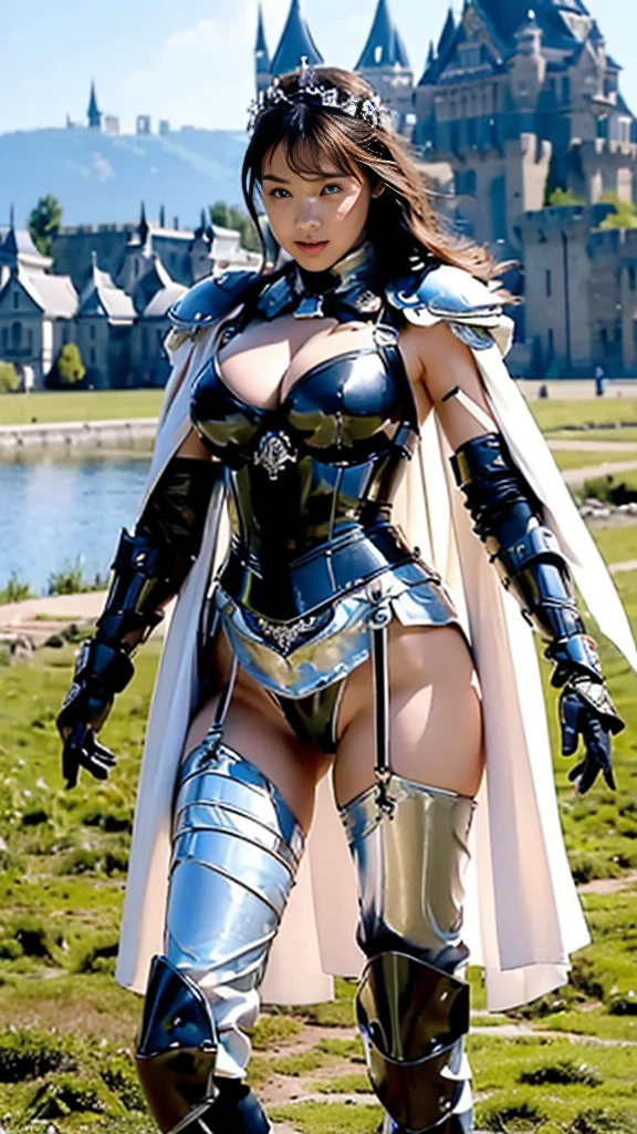 (8k, Highest quality:1.2)、masterpiece,High resolution, (Skin Texture:1.1), Highest quality, 超High resolution, Perfect Face、(Realistic: 1.4), RAW Photos, (((Big Breasts)))、(((Large Breasts)))、((Cleavage))、Voluptuous body、(((Machine Body)))、((Mechanical Arm))、image of the future、Star Wars、(((Japanese Idols)))、Red and white outfit、 Beautiful Knight, small silver tiara, Cape, Perfect breasts, Perfect body, (((On the battlefields of ancient Europe.))), (Highest quality, 4K, 8k, High resolution, Tabletop:1.2), Very detailed, (Realistic, Realistic, Realistic:1.37), Royal, Fascinating, Soft lighting、Nikon D850 film stock photos, 1 1 1.6 Lenses, Rich colors, (((The thighs are covered with iron armor...))) (((Iron bustier))), (((Large Breasts))), (((A large castle in the background)))、 (Ancient fantasy soldiers),(Ancient soldier armor),Combat Accessories,breastplate、Long skirt、Knee-high boots、garter belt、Looking into the camera、Hair blowing in the wind