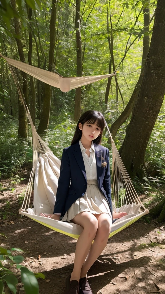 masterpiece, Highest quality, One girl, alone, Nahida_Genshin Impact, Cruciform pupil, ,blazer, Pleated skirt,noon、Sleeping in a hammock in the woods、There are small birds swarming around