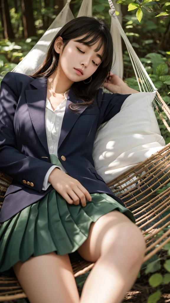 masterpiece, Highest quality, One girl, alone, Nahida_Genshin Impact, Cruciform pupil, ,blazer, Pleated skirt,noon、Sleeping in a hammock in the woods、There are small birds swarming around