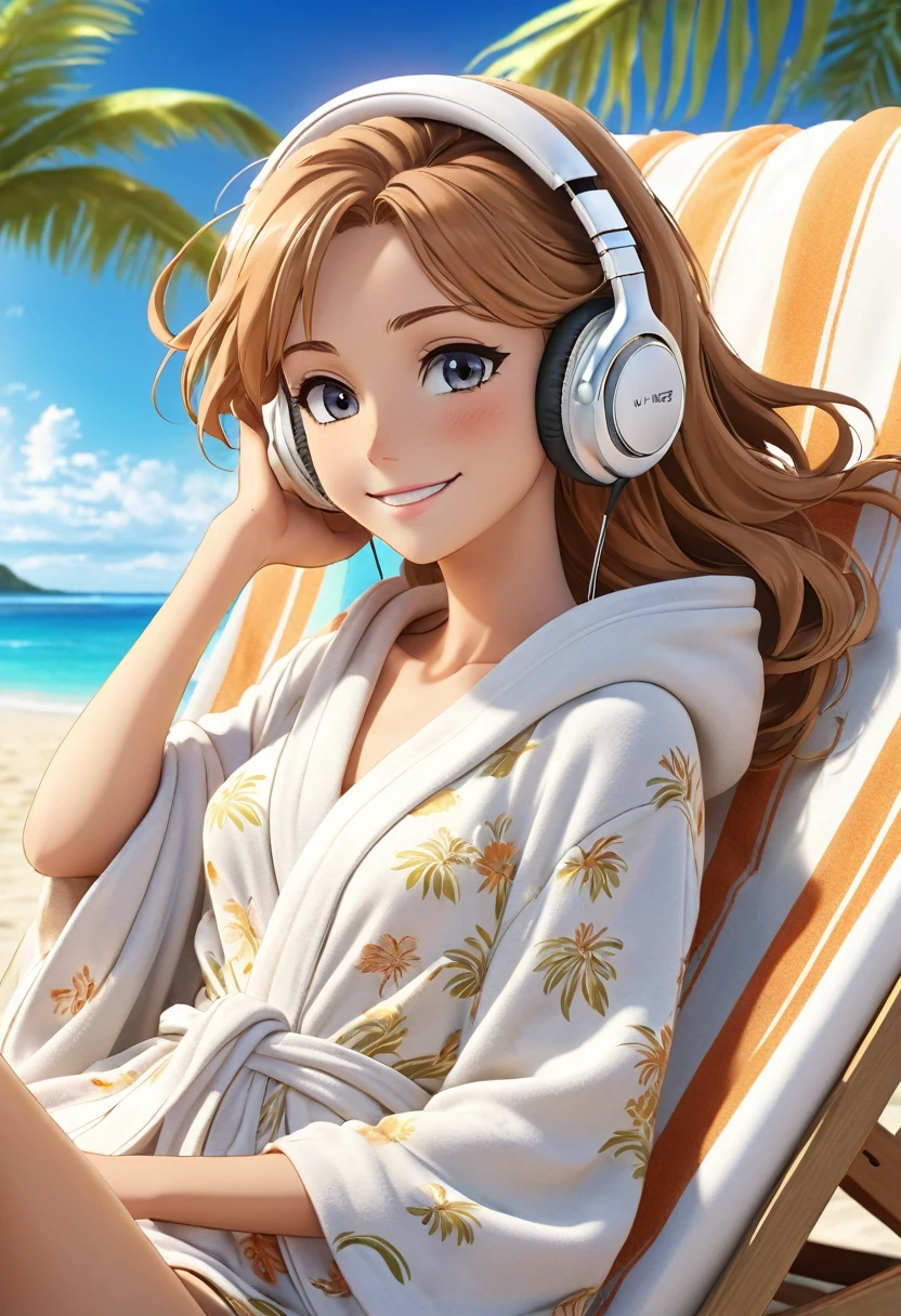 128k Bluray Extreme UHD 4K high quality image of anime At a beautiful summer resort, a woman is reclining on a sunbed. She is wearing headphones and listening to music, dressed in a Beach robes cardigan. She looks at me with a radiant smile