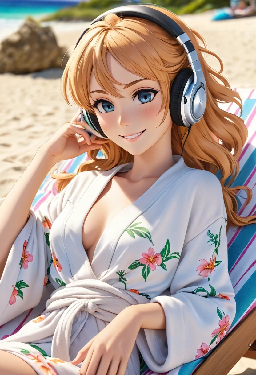 128k Bluray Extreme UHD 4K high quality image of anime At a beautiful summer resort, a woman is reclining on a sunbed. She is wearing headphones and listening to music, dressed in a Beach robes cardigan. She looks at me with a radiant smile
