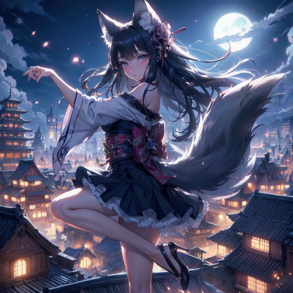 masterpiece, (textured skin), best quality, gorgeous beautiful, (a beautiful girl,wolf ears,wolf tail),detailed clothes,large breasts,narrow waist,, (beautiful face), cinematic lighting, (fantasy anime art ),
