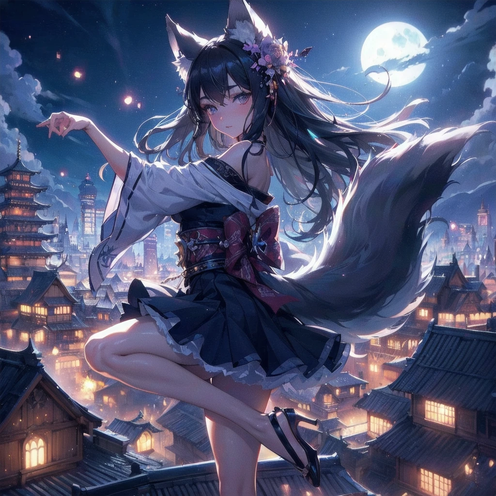  masterpiece, (textured skin), best quality, gorgeous beautiful, (a beautiful girl,wolf ears,wolf tail),detailed clothes,large breasts,narrow waist,, (beautiful face), cinematic lighting, (fantasy anime art ),