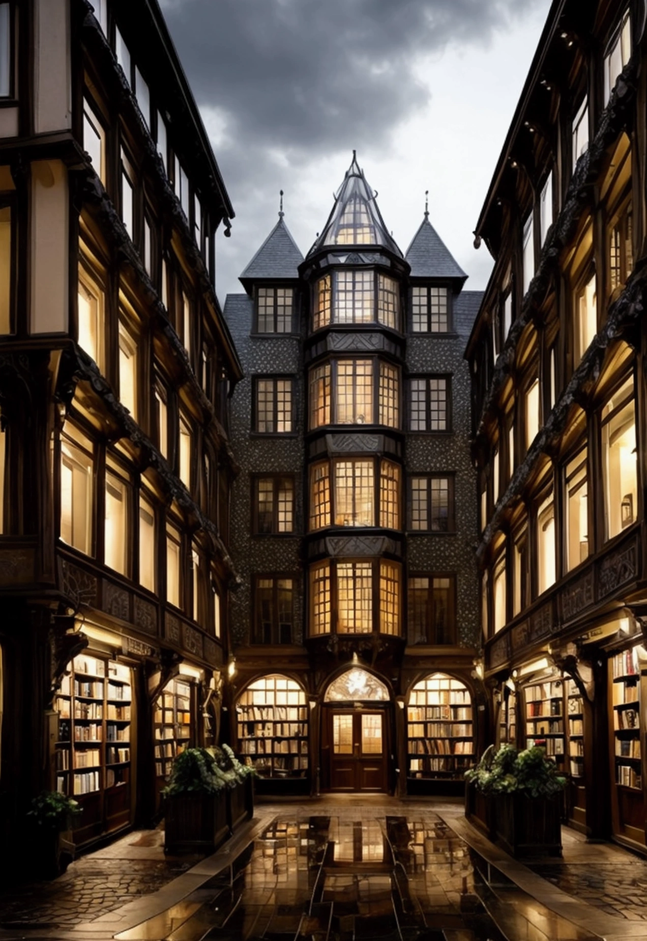 A highly realistic, fantasy-inspired scene of an old, charming bookstore in a historic European town. The setting is during a rainy evening at dusk, with the sky covered in dark clouds and the streets wet from the rain. The bookstore, with its intricate wooden façade, large windows, and vintage signage, stands out as the focal point. The surrounding cobblestone streets are slick and shiny, reflecting the warm glow from the bookstore's lanterns and streetlights. The buildings nearby showcase classic European architecture with ivy-covered walls and decorative stonework. The atmosphere is moody and enchanting, with a sense of history and mystery. No humans are present in the scene.