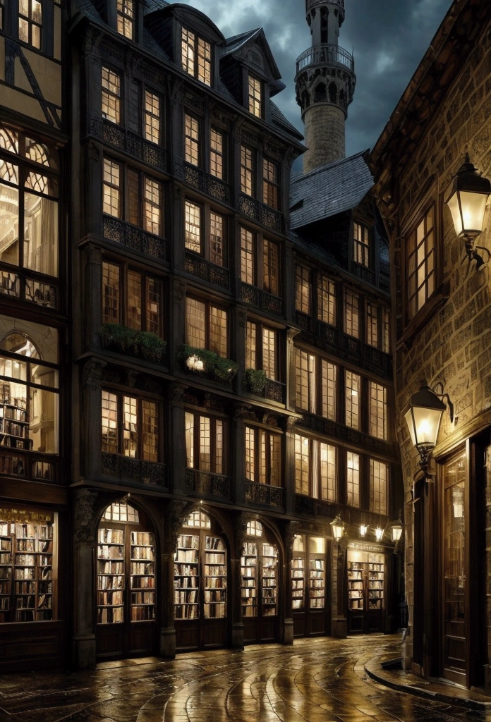 A highly realistic, fantasy-inspired scene of an old, charming bookstore in a historic European town. The setting is during a rainy evening at dusk, with the sky covered in dark clouds and the streets wet from the rain. The bookstore, with its intricate wooden façade, large windows, and vintage signage, stands out as the focal point. The surrounding cobblestone streets are slick and shiny, reflecting the warm glow from the bookstore's lanterns and streetlights. The buildings nearby showcase classic European architecture with ivy-covered walls and decorative stonework. The atmosphere is moody and enchanting, with a sense of history and mystery. No humans are present in the scene.
