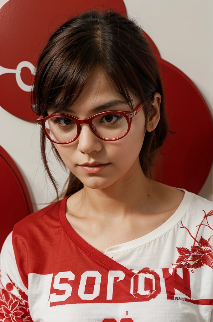 Make me a logo of a person with glasses with the words spujiono in dominant red and white