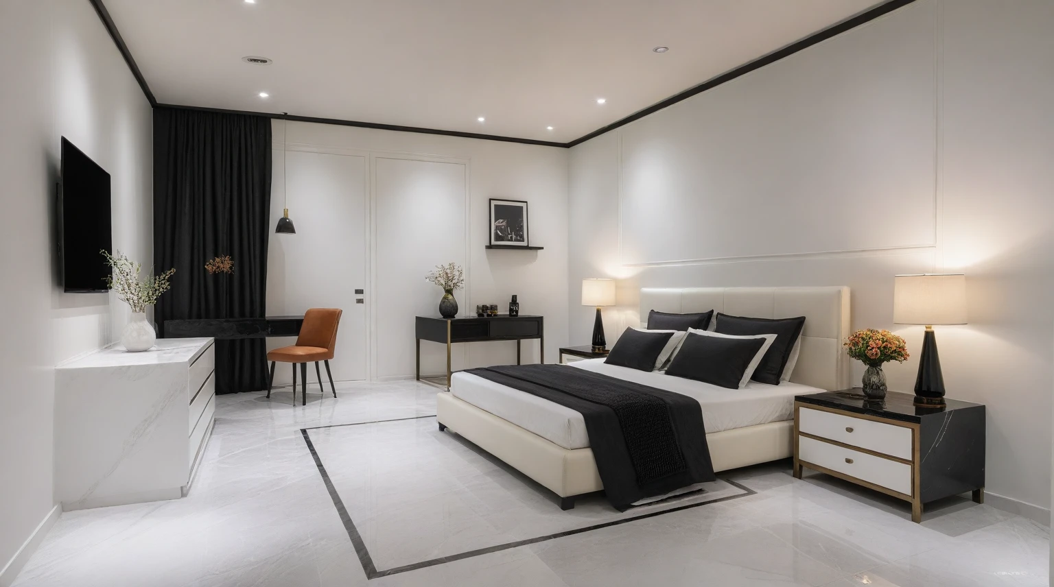 Raw photo,Masterpiece, high quality, best quality, authentic, super detail,
indoors, interior , (( bedroom :1.3)), modern style, daylight, (WHITE WALL),luxury, marble tile floor, fridge, black stone counter top